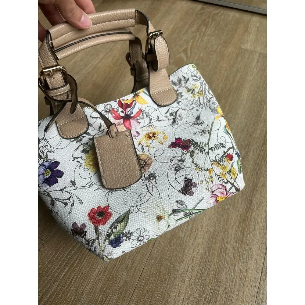Floral Mini Tote Bag Satchel Purse Botanical Flower Pattern Top Handle Cream Tan